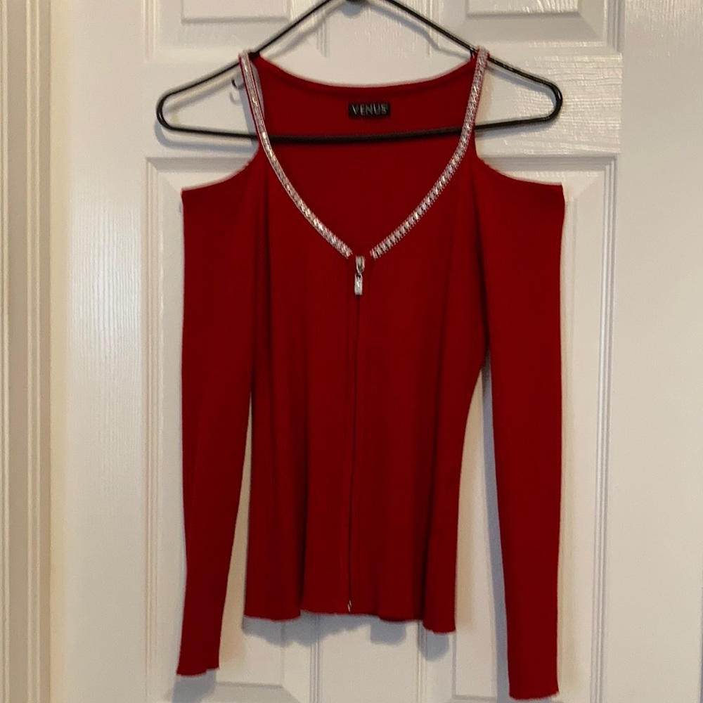 Venus Ladies Sexy Rhinestone Zipper Sweater Cold Shoulder shirt.